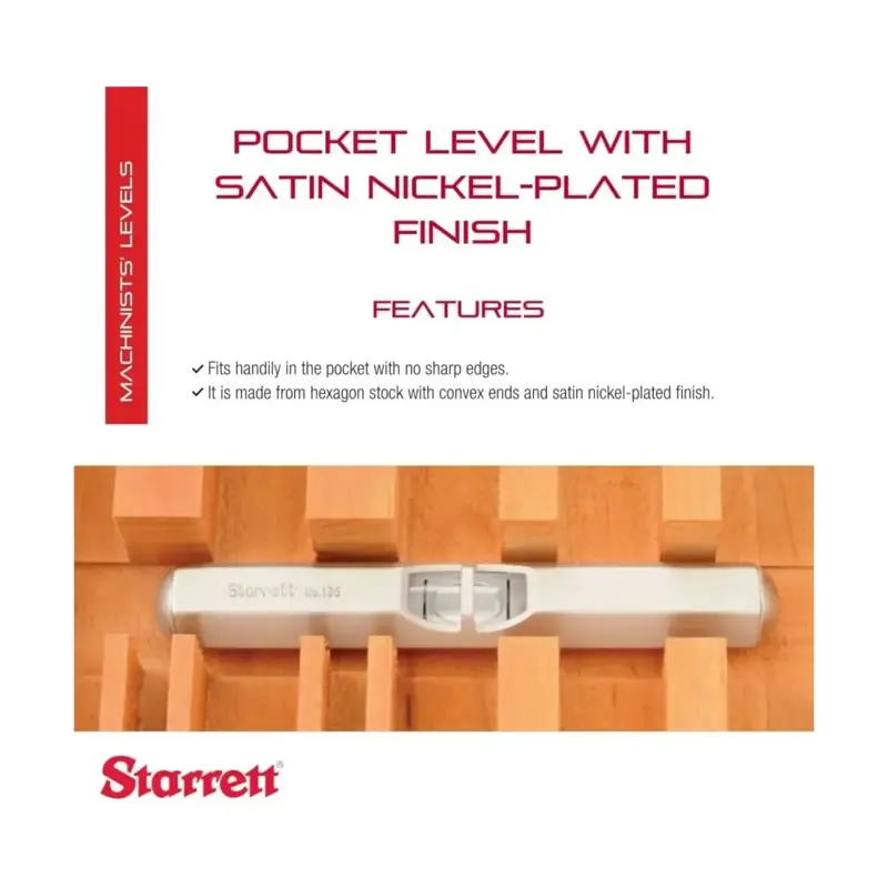 Starrett 135A Pocket Level mit satinierter vernickelter Oberfläche, Größe 2-1/2"