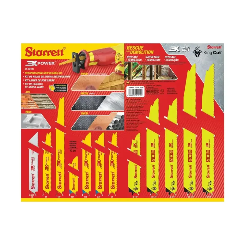 Starrett Bi-Metall- und Hartmetall-Sägeblätter Säbel-Sortimentspaket - KRB12-A - HOLZ, METALL, MEHRZWECK und SCHWERZERSPANUNG (12 Blätter)